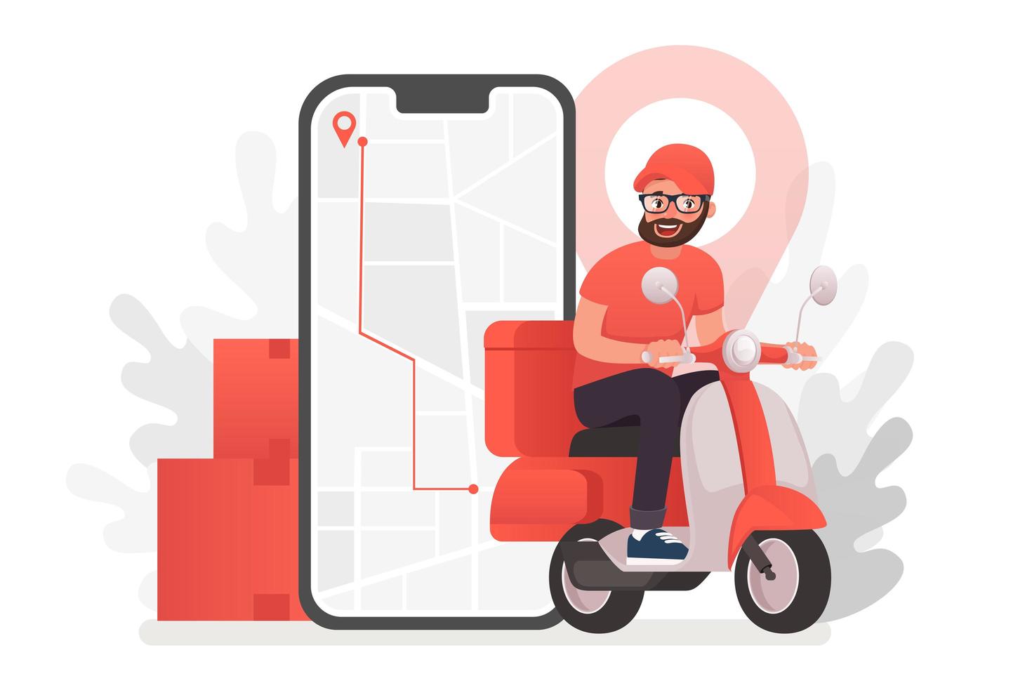 delviery-man-on-scooter-in-front-of-phone-vector