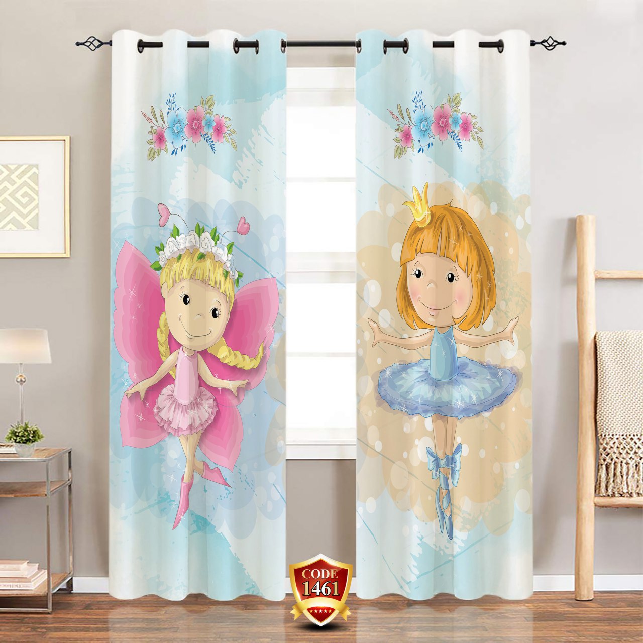 ست فرش پرده دخترانه زمینه آبی B383 ست فرش پرده دخترانه زمینه آبی B383