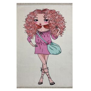 فرش کودک چاپی دخترموفرفری زمینه کرم کد1039