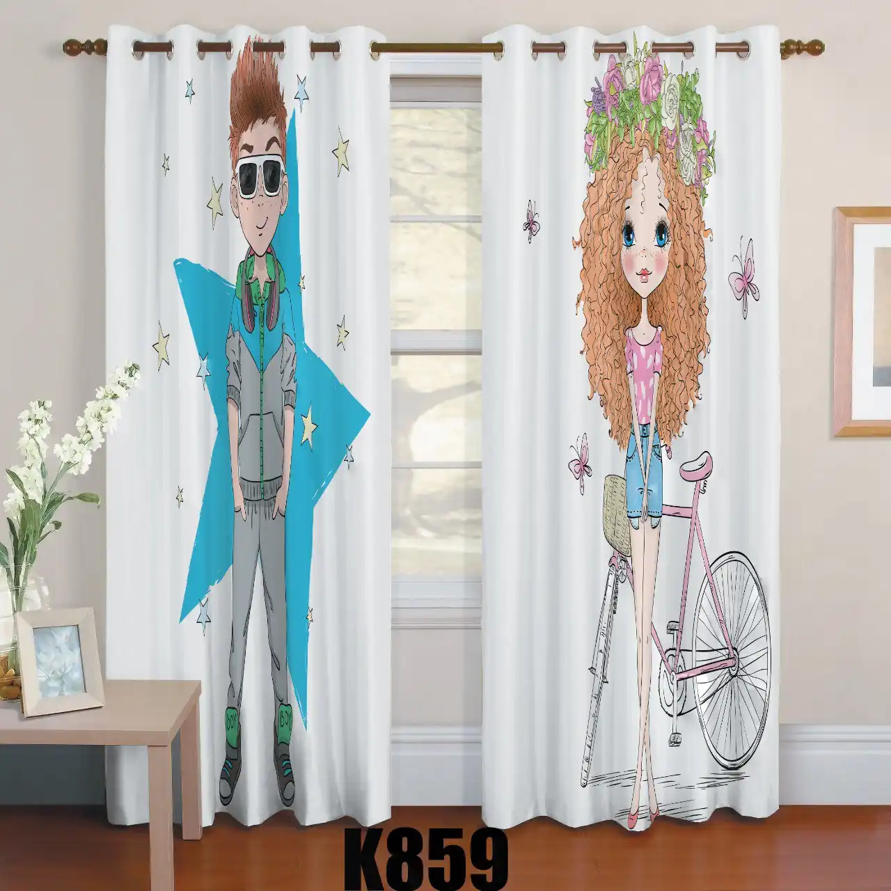 ست فرش پرده دخترموفرفری و پسر کدF441 ست فرش پرده دخترموفرفری و پسر کدF441